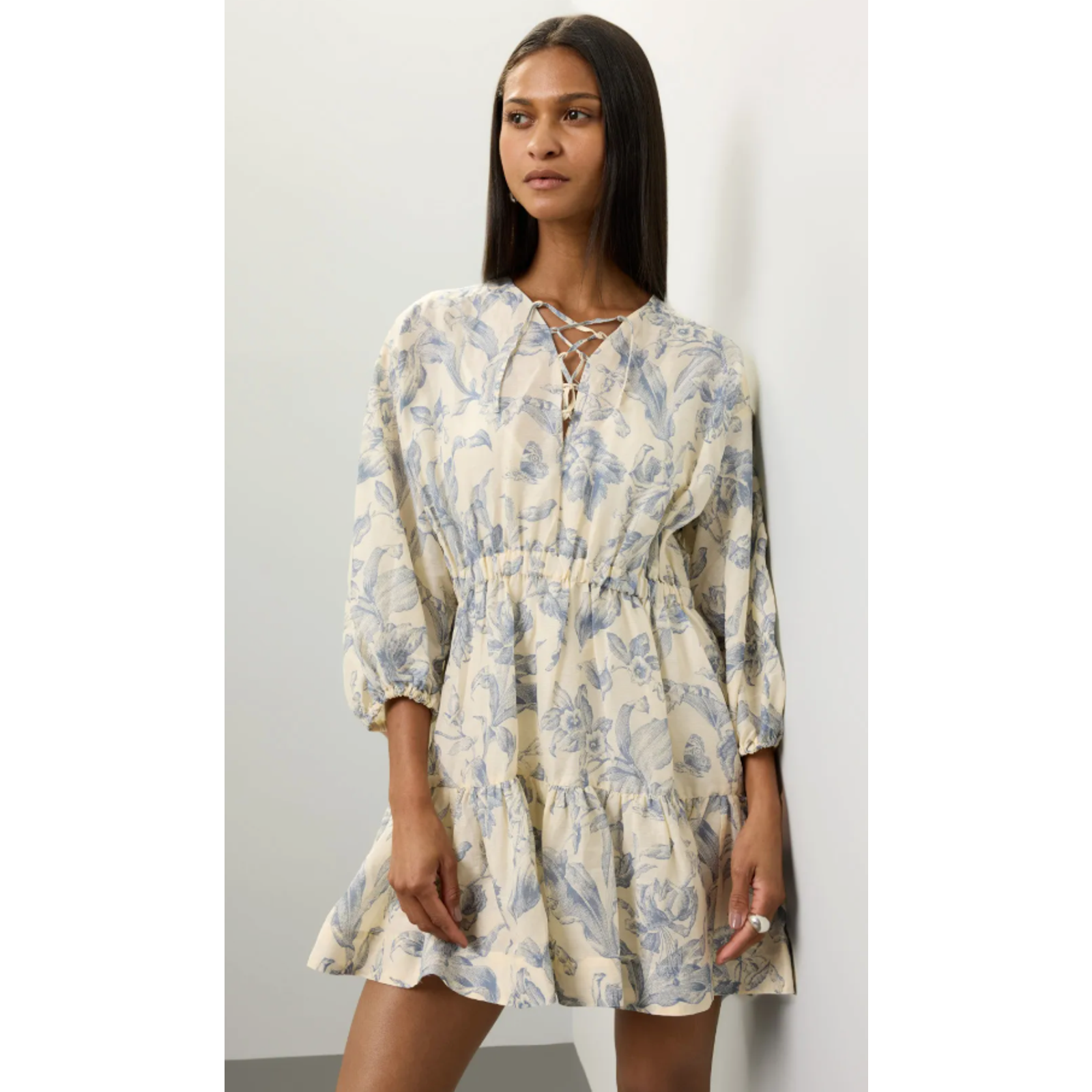 Sandro Cream Mini Dress With Blue Floral Print